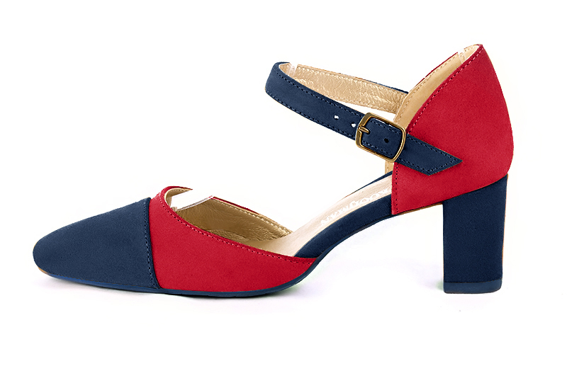 Navy blue and cardinal red women's open side shoes, with an instep strap. Round toe. Medium block heels. Profile view - Florence KOOIJMAN